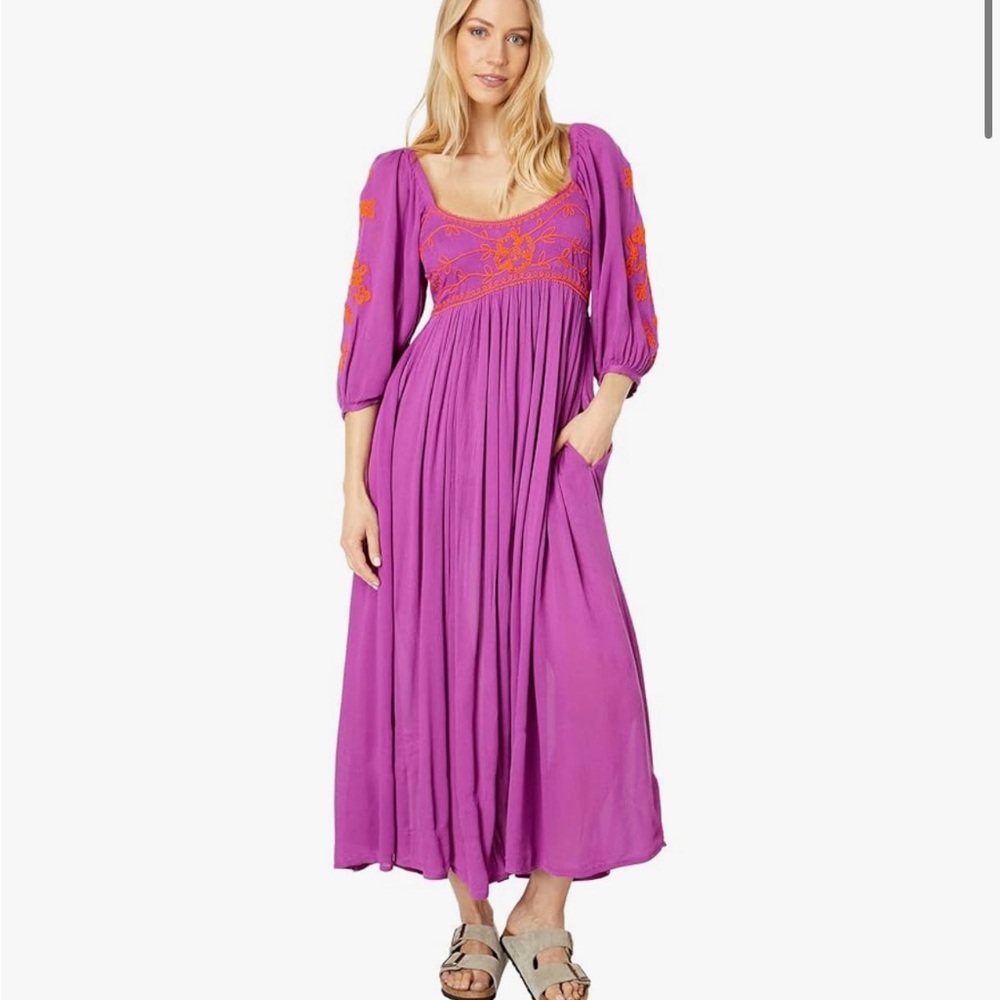 Free People Magenta Maxi Dress with Orange Embroidery